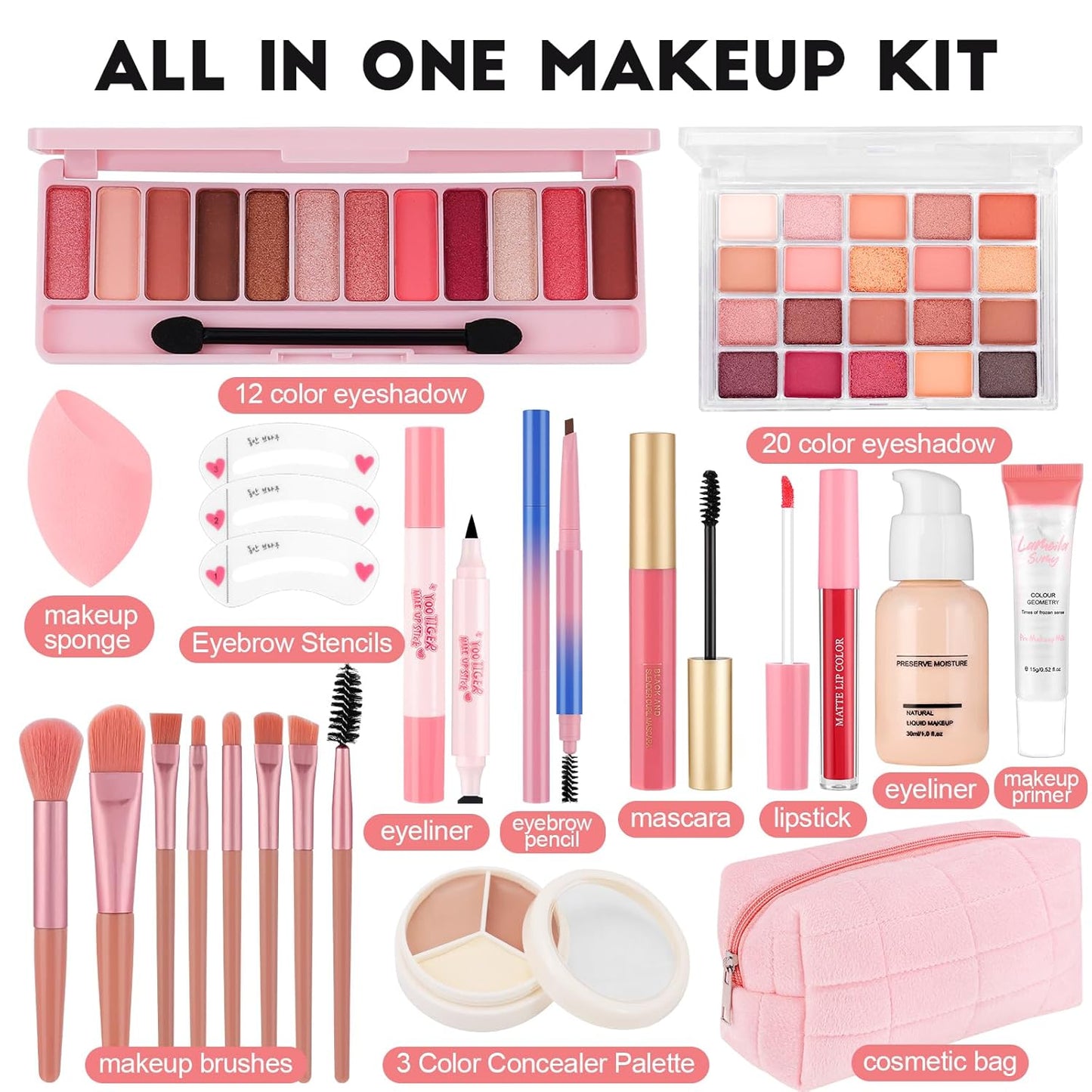 Makeup Kit for Teen Girls - All-In-One Set with Foundation, Eyeshadow, Lipstick & Brushes | Travel-Friendly Gift for Beginners