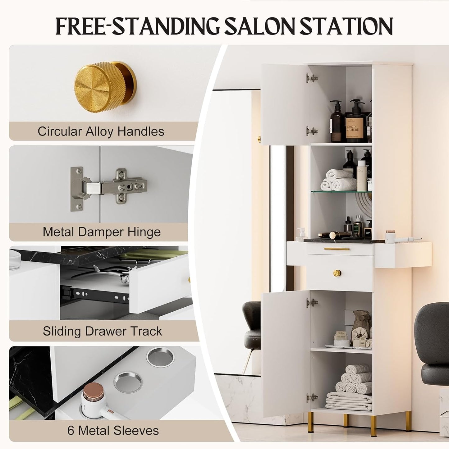 TTGIEET Salon Stations for Hair Stylist, Barber Station w/Glass Shelf & Golden Handles, Hair Salon Station Beauty Salon Spa Equipment w/6 Hair Dryer Holders, 2 Storage Cabinet & Drawers（White-New）