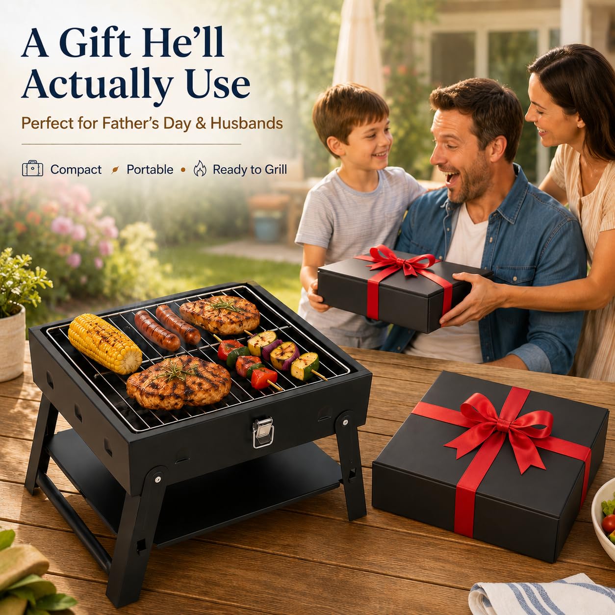 Small Portable BBQ Charcoal Grill: Mini Foldable Table Top Barbecue Grills with Fire Starter Kit for Outdoor Cooking, Fathers Day Birthday Grilling Gift for Men Dad Husband