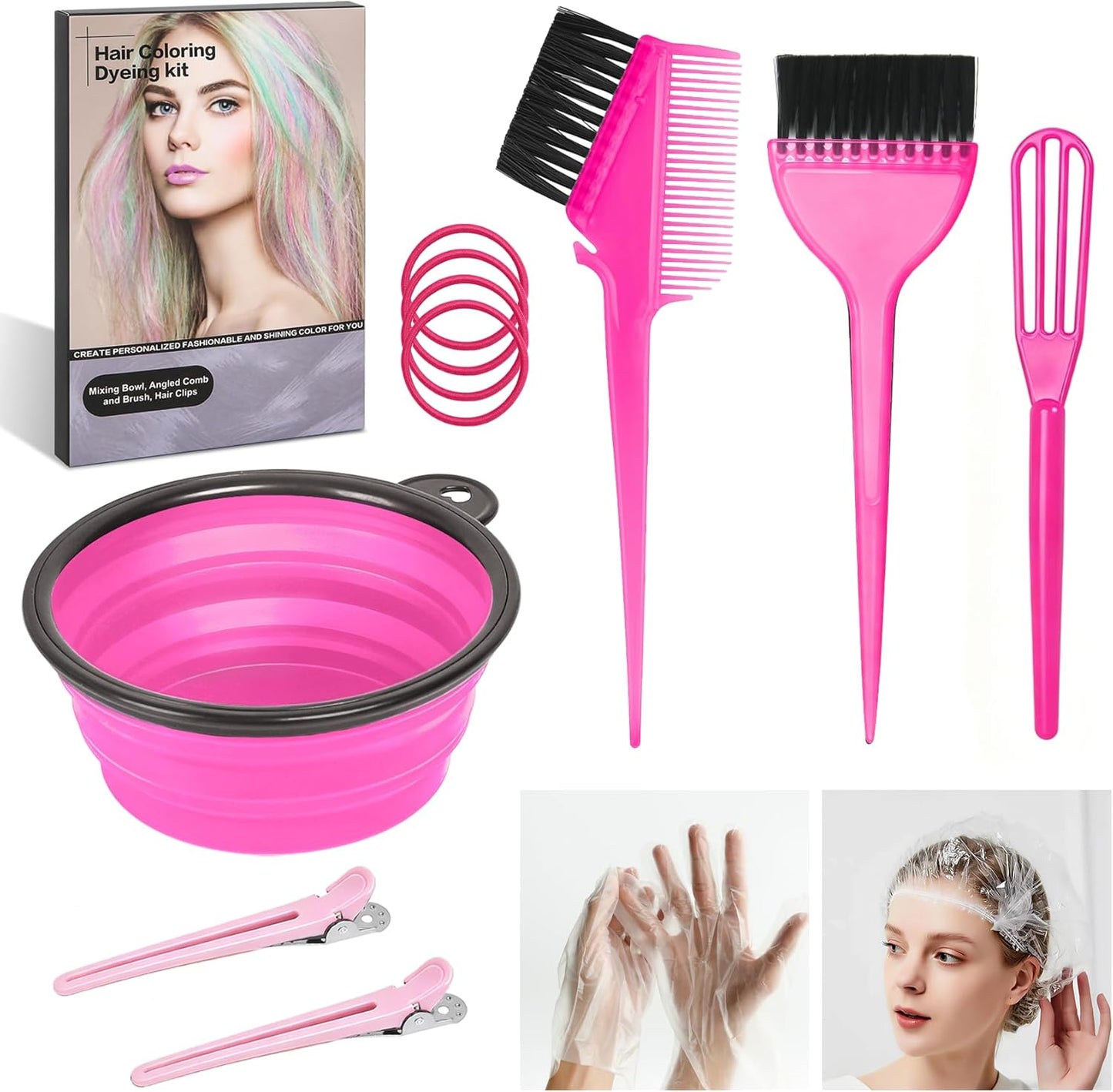 Hair Coloring Kit - 8 Professional Dye Tools for Home Salon Use | Bowl, Brush, Comb, Clips, Gloves, Shower Cap - Reusable Supplies (Black)