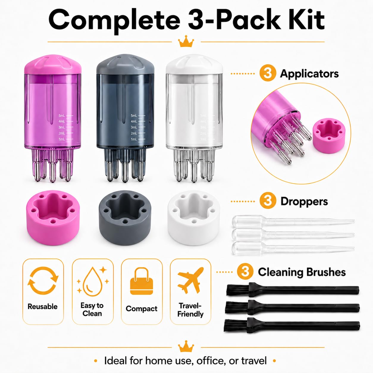 Minoxidil Applicator Set - 3 Pack Scalp Oil & Hair Oil Bottles | Mess-Free 5 Spouts for Easy Application