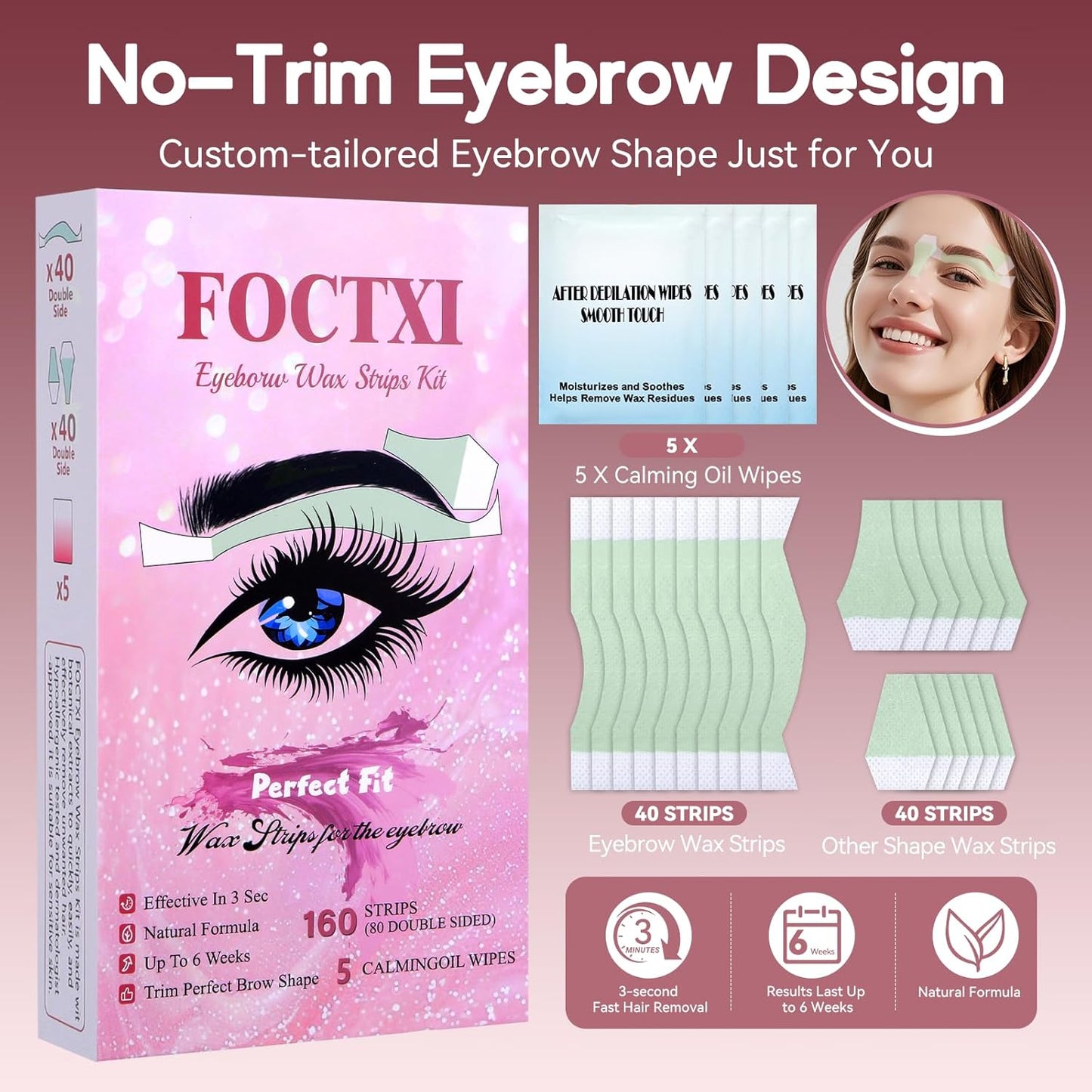 Facial Wax Strips Kit - 80 Hypoallergenic Eyebrow Wax Strips for Hair Removal | 5 Calming Oil Wipes Included, All Skin Types
