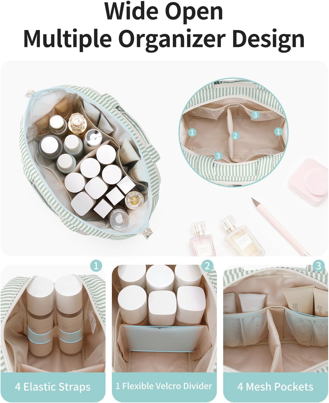 Travel Toiletry Bag for Women - Large Makeup Organizer with Handle | Mint Green Stripe, Wet Pocket for Essentials