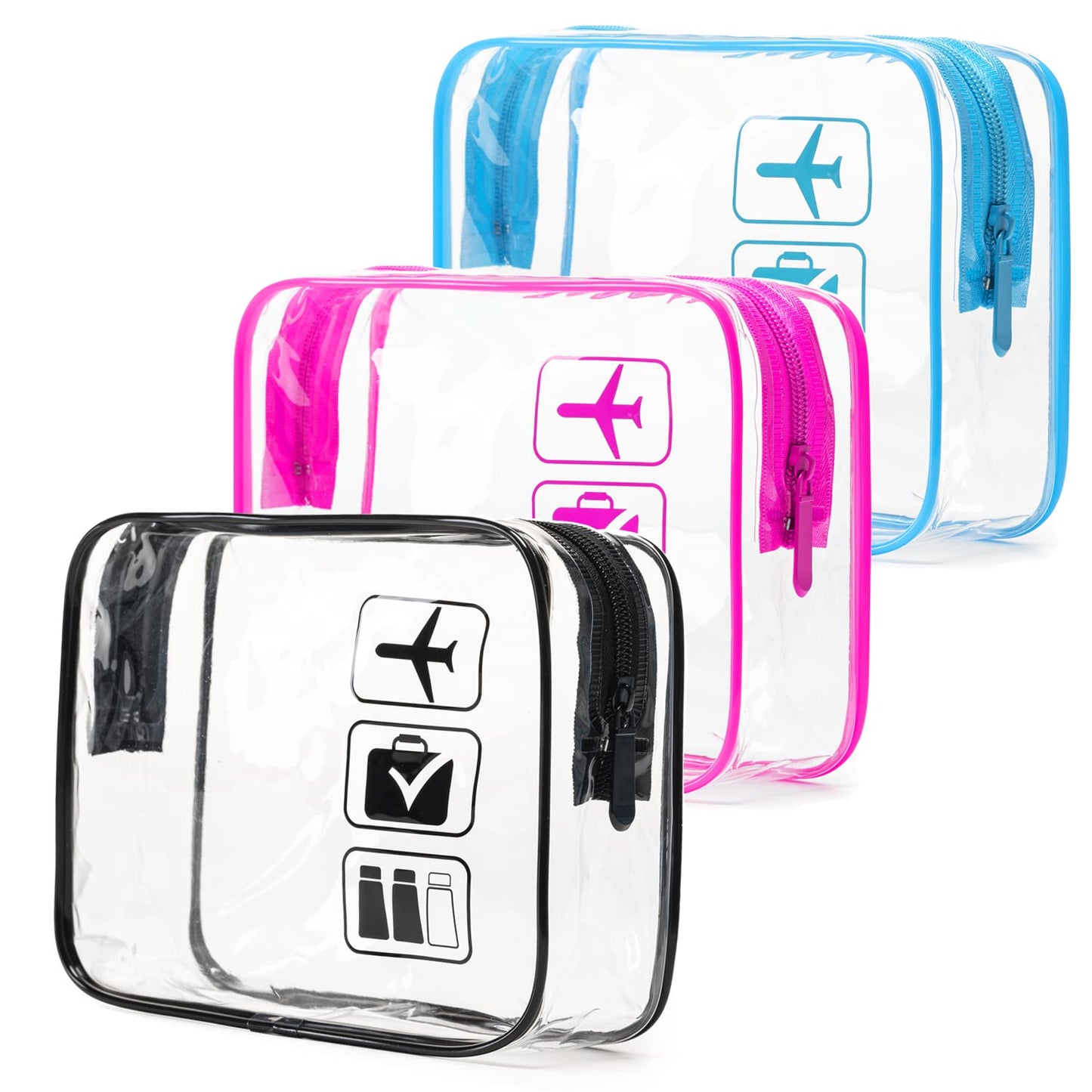 TSA Approved Clear Toiletry Bag Set - 3 Pcs Quart Size Travel Makeup & Cosmetic Organizer | Black