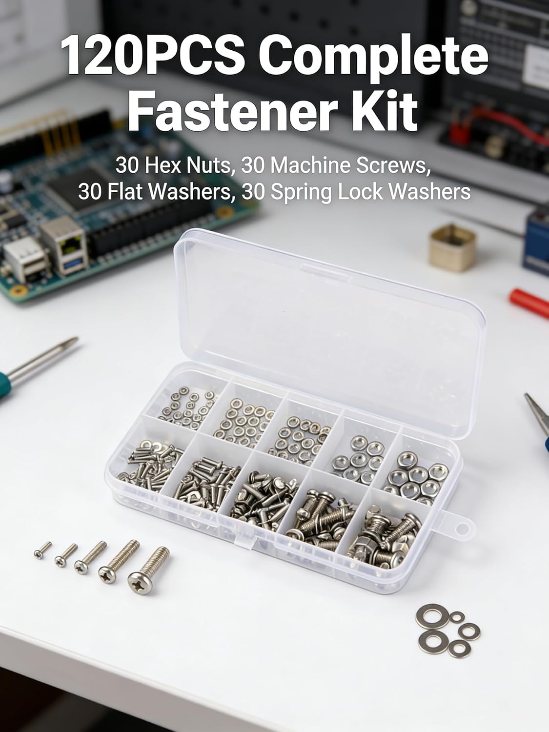 Stainless Steel Screw Assortment Kit - 120pcs M2-M5 Hex Nuts, Washers & Bolts for DIY Electronics Repair