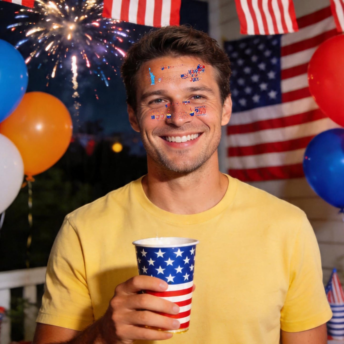 Patriotic Red, White & Blue Glitter Freckles Face Tattoos - 12PCS 4th of July Makeup Patches for Women & Kids