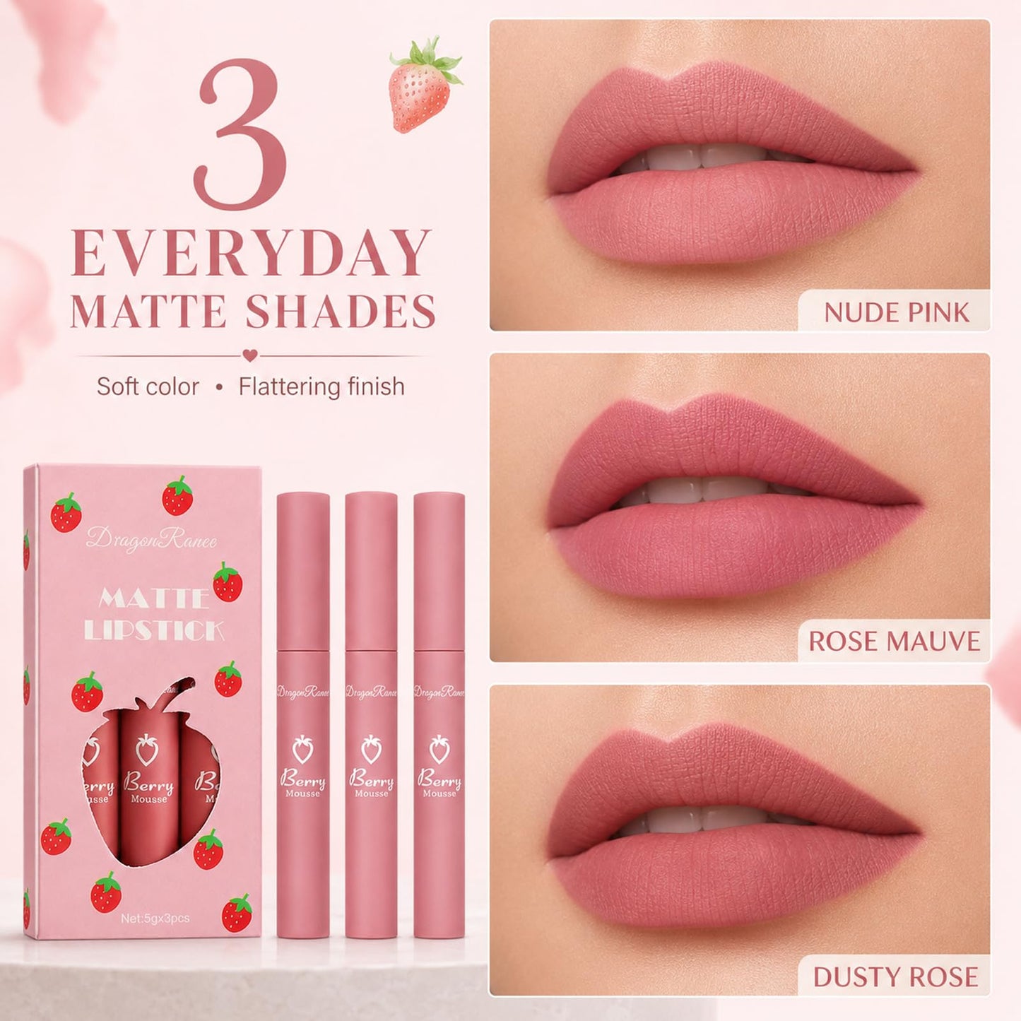 3Pcs Matte Lipstick for Women, Rose Red Nude Liquid Lipstick Makeup, Long Lasting High Impact Color, Velvet Air Moisture Smooth Crayon Lip Stain, Non-Stick Cup Waterproof Lip Gloss, Up to 24H Wear