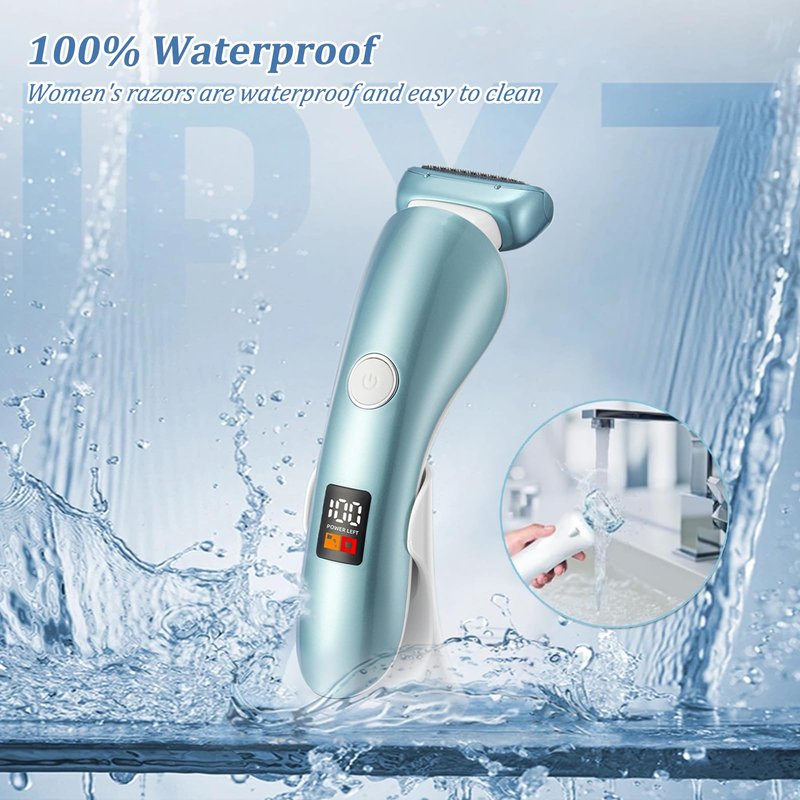 Electric Razors for Women, Bikini Trimmer Wet & Dry Use, Painless Pubic Hair Trimmer, Rechargeable Electric Shaver for Legs, Face, Pubic Hair, Underarms with Detachable Head, Blue
