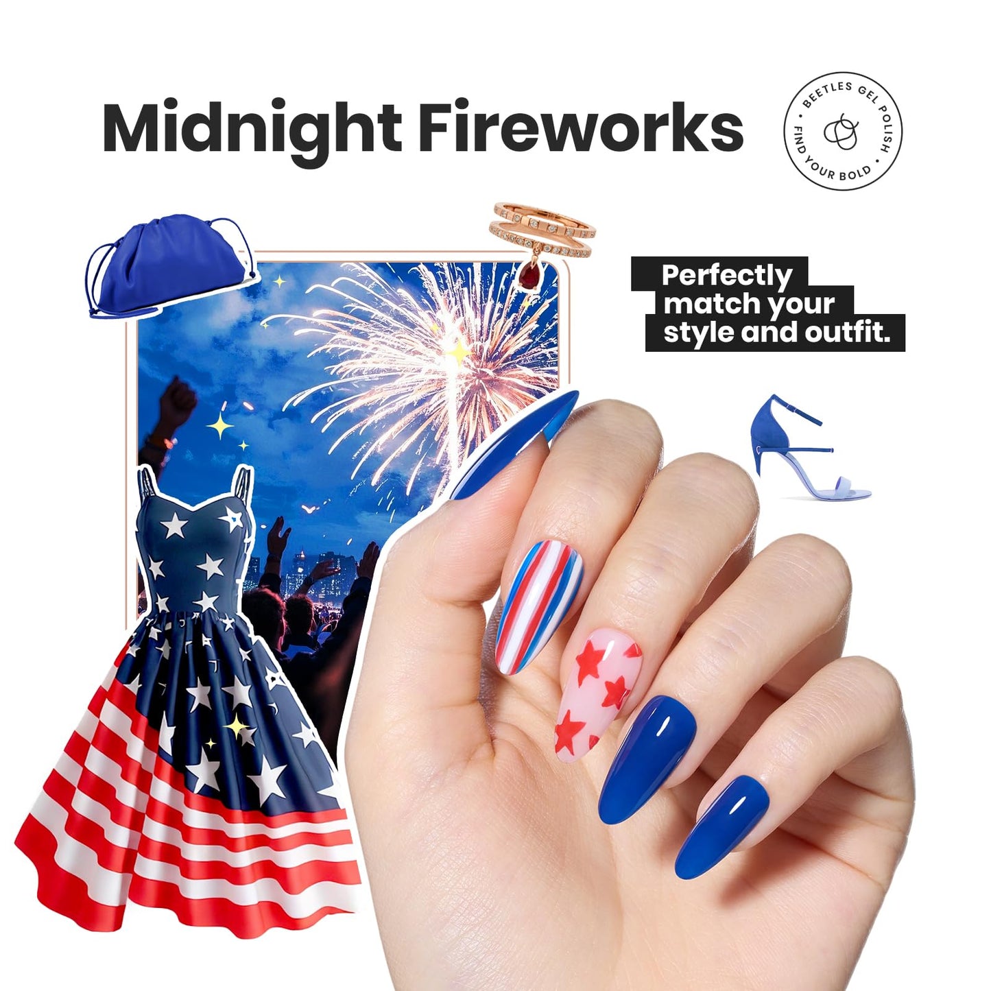 Beetles 4th of July Nail Polish - Midnight Fireworks, 6 Colors Red White and Blue Nail Polish Set Sparkle Glitter Fingernail, Quick Dry Long Lasting DIY Red White and Blue Nails Art Design for Summer