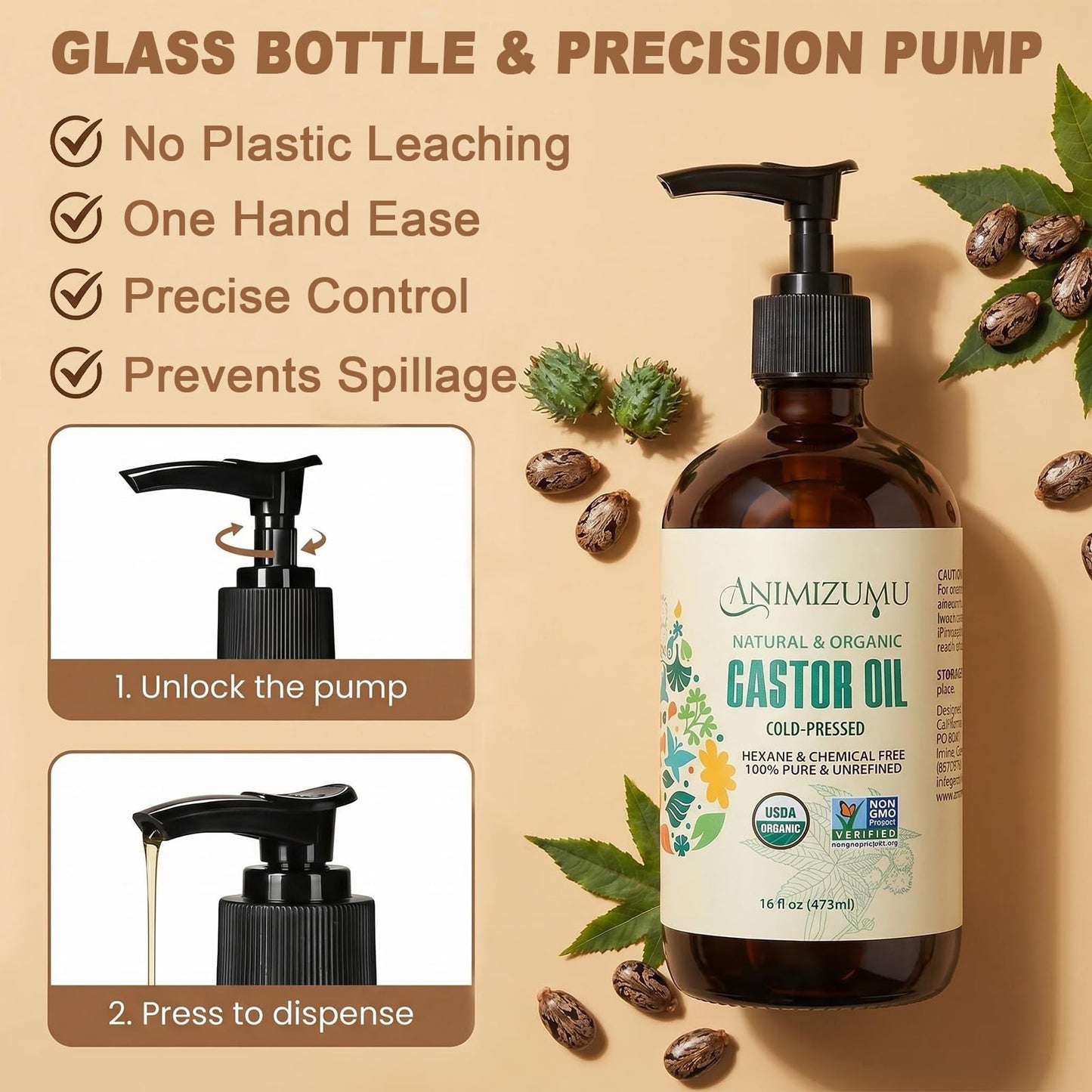 USDA Organic Castor Oil Cold Pressed,Unrefined Glass Bottle Hexane-Free Non-GMO Vegan,100% Pure Castor Oil for Hair Growth,Scalp,Face,Skin,Eyelashes,Eyebrows,Body Massage & Castor Oil Pack Wrap 16oz