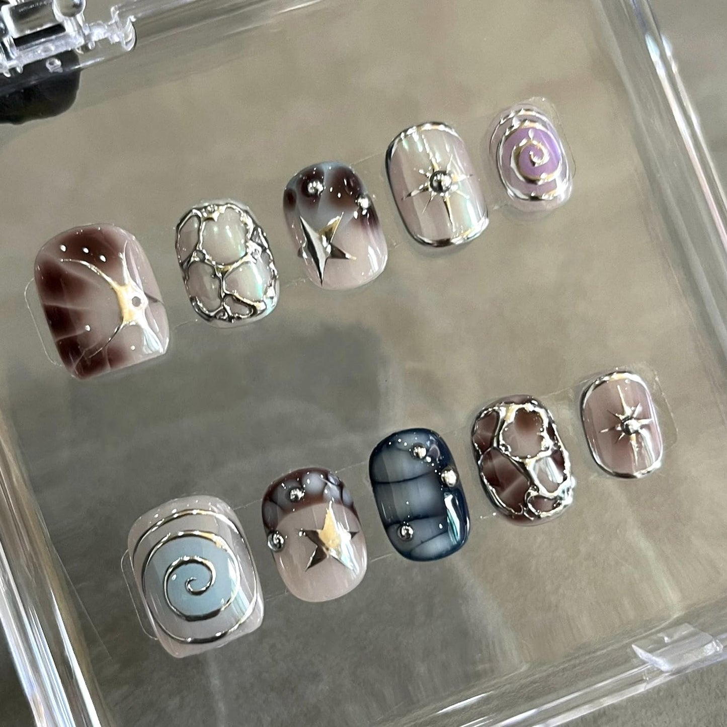 Press-On Nails - 24Pcs Medium Almond Fake Nails with Lotus & Lucky Koi Design | Glossy Full Cover for Spring/Summer DIY Manicure