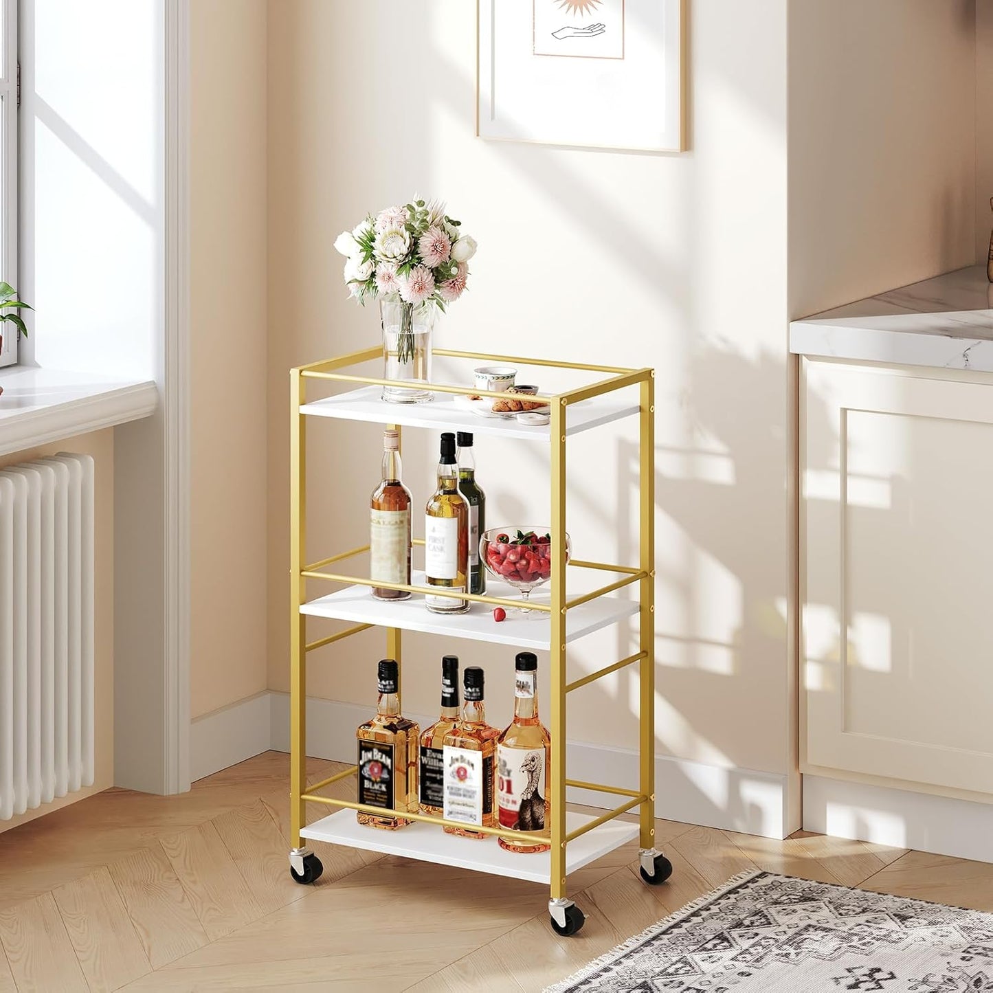 Bar Cart - 3-Tier Rolling Drink Cart on Wheels for Home | Gold Mini Bar Serving Cart for Small Spaces