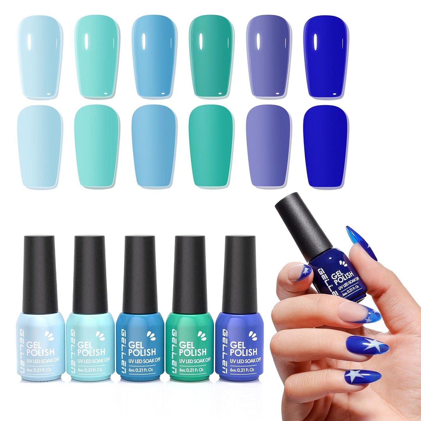 Teal Green Blue Gel Nail Polish - 6-Color Semi-Permanent Formula | No Wipe, Glossy Finish, HEMA & TPO Free