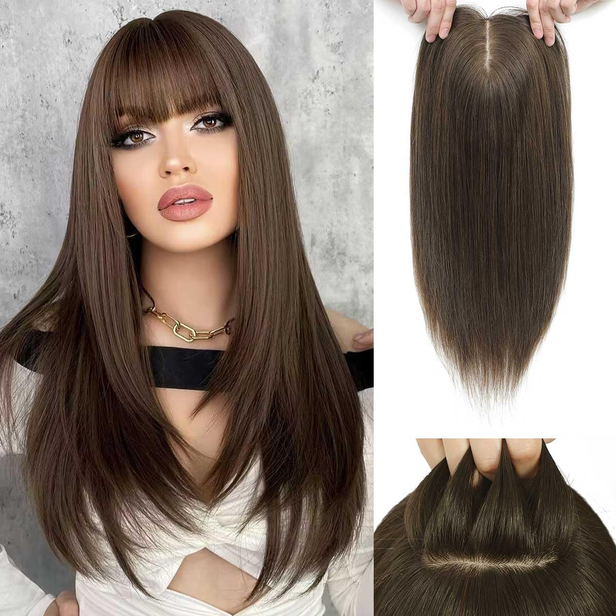 Aimeolyn Hair Toppers for Women - Real Human Hair 12-Inch Wiglet with Bangs for Thinning Hair | Big Base Scalp Coverage