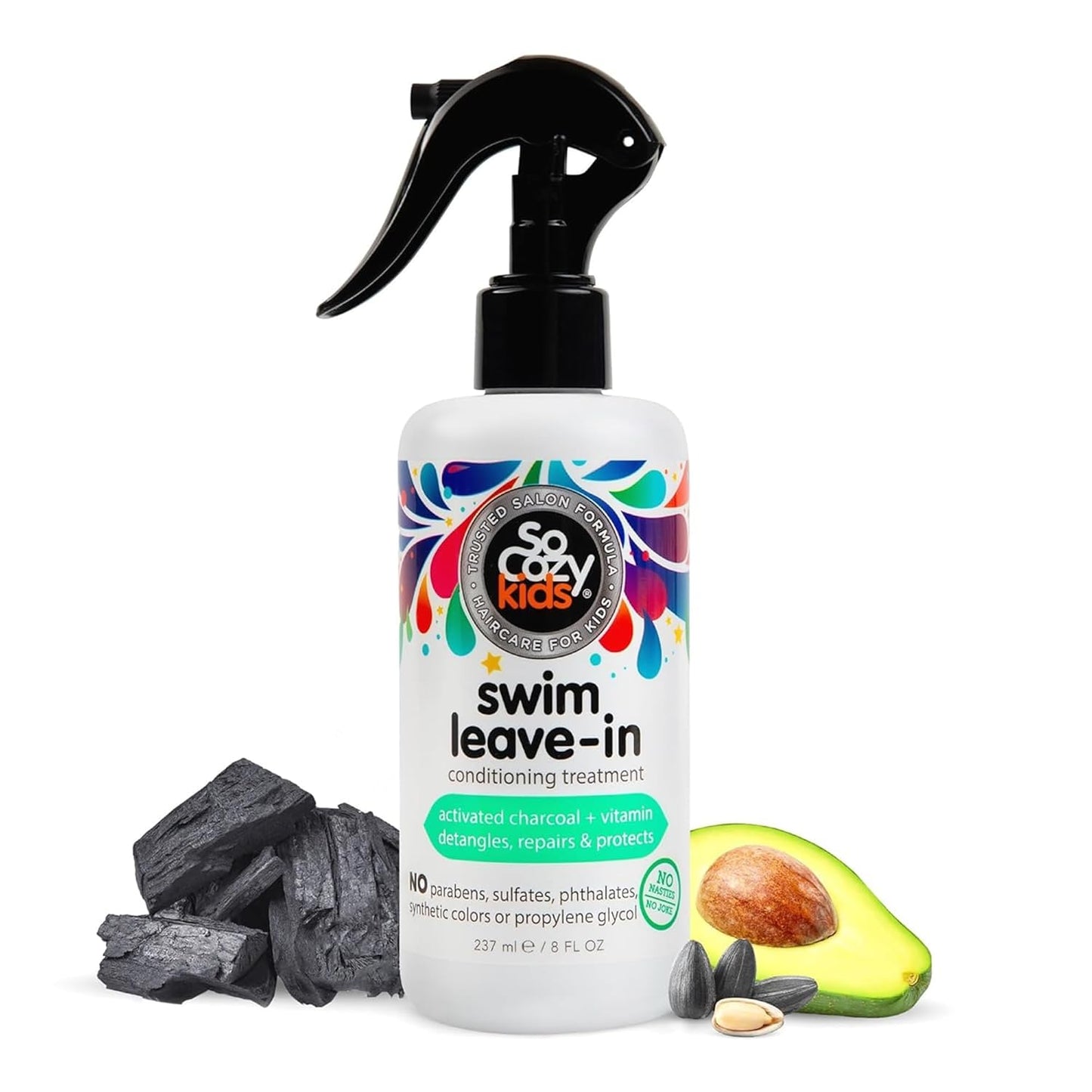 SoCozy Swim Leave-In Conditioner Spray for Kids | Protects & Repairs Pool & Sun Damaged Hair - 8 Fl Oz, Gentle Formula with Activated Charcoal & Vitamin B5