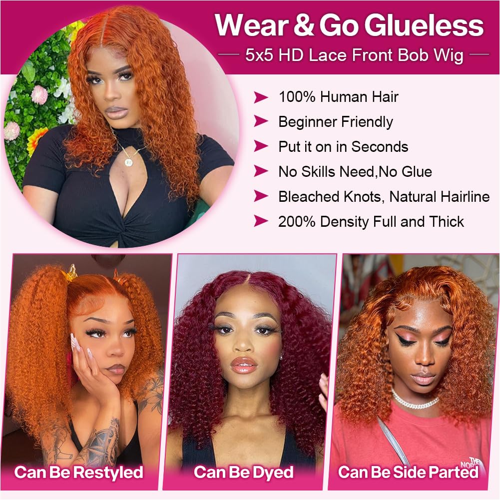 Curly Bob Wig - Human Hair Deep Wave 200% Density | 5x5 HD Lace Closure, Ginger Color, 14 Inch
