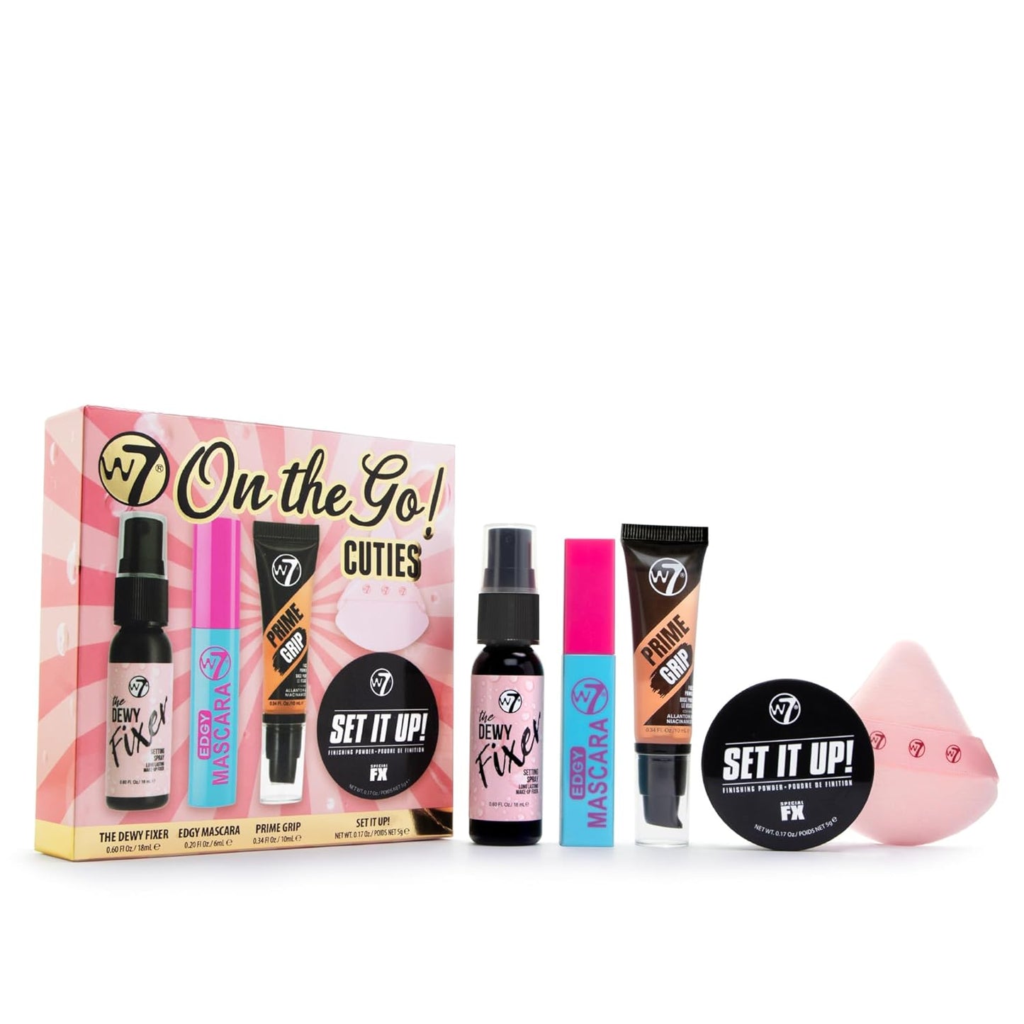 W7 On the Go Cuties Set | Mini Makeup Essentials with Primer, Mascara & Setting Spray - Travel Size Beauty Kit