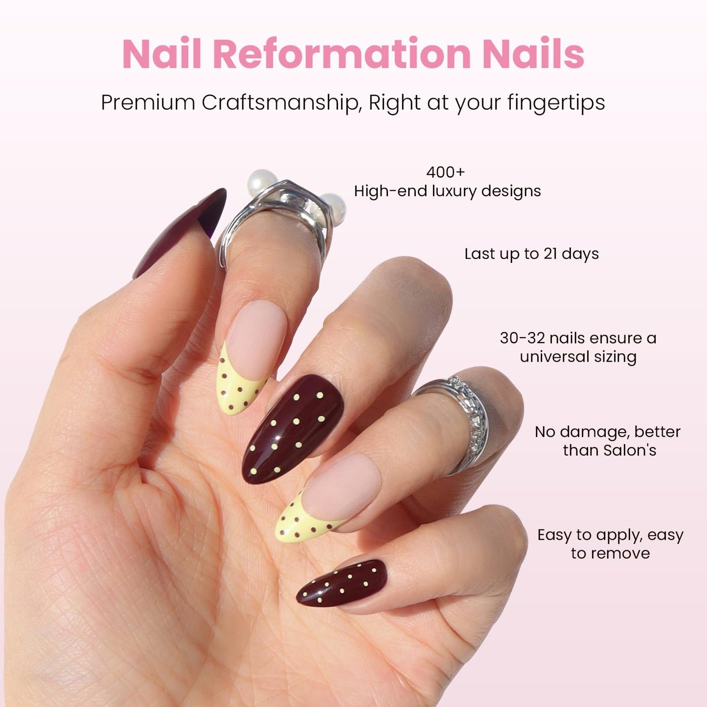 Nail Reformation Press On Nails, Polka Dot French Tip Medium Almond Fake Nails in Chocolate Cream Nude with Glossy Finish, Reusable Stick On False Nails in 15 Sizes - 30 Nail Kit, Gifts for Women