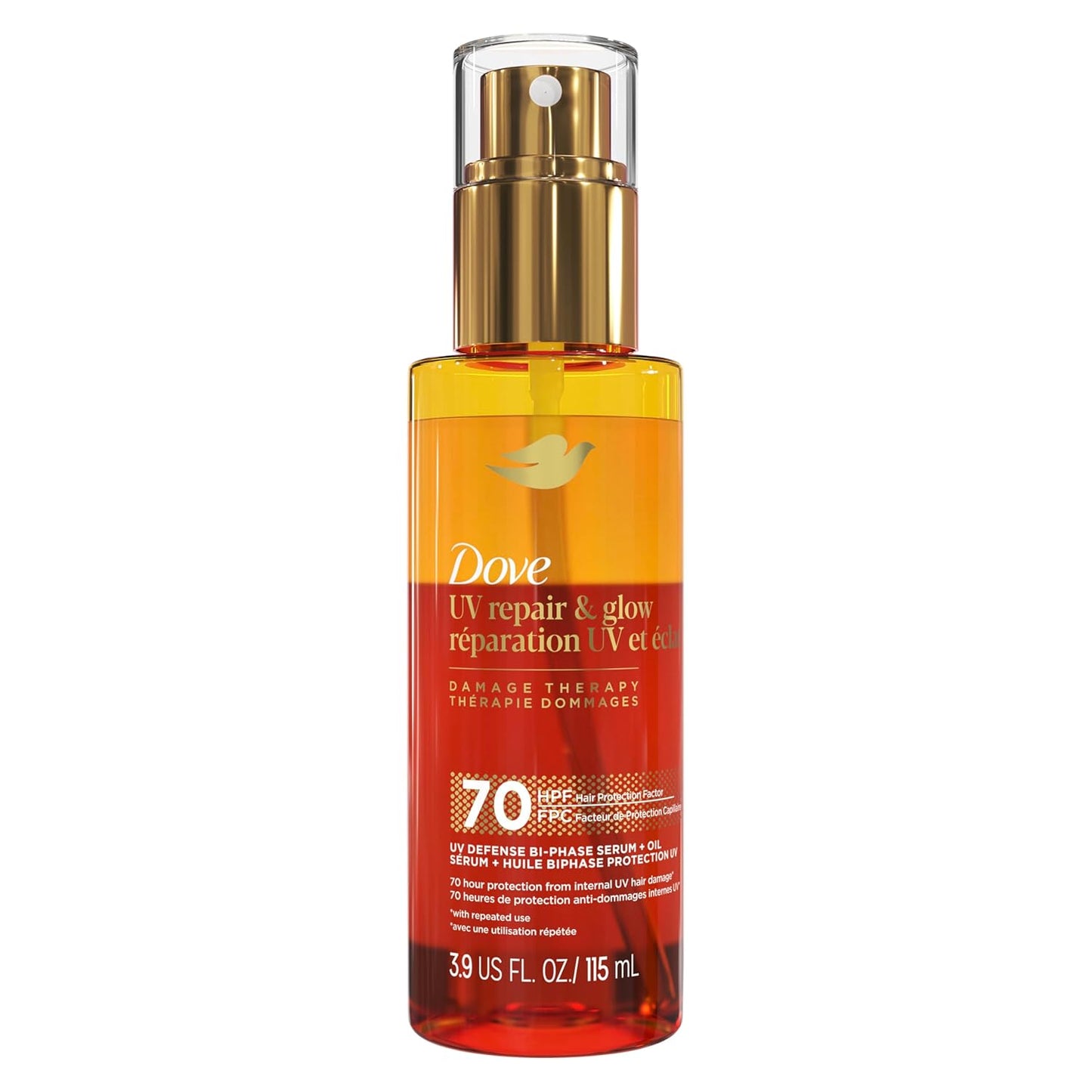Dove Damage Therapy Bi-Phase Serum & Oil - UV Repair & Glow, 3.9 fl oz | 70-Hour Hair Protection
