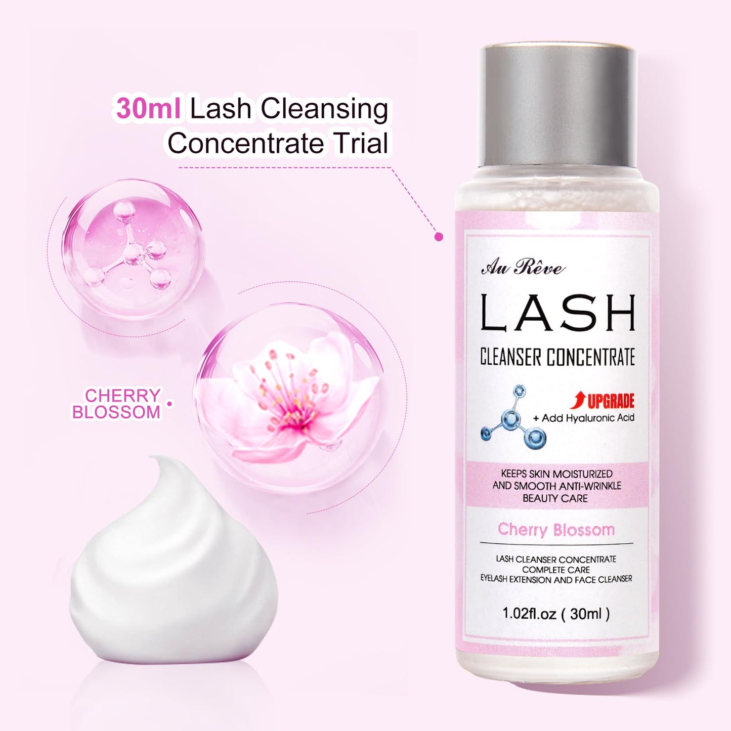 AuReve Lash Shampoo Concentrate 30ml Lash Cleanser Concentrate Add Hyaluronic Acid Oil-Free Lash Extension Shampoo Perfect for Salon，Cherry Blossom