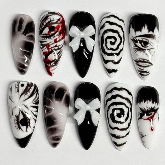 Gothic Press-On Nails - 30Pcs Medium Almond Fake Nails with Cute Bow Design | Black & White Horror Goth Styles