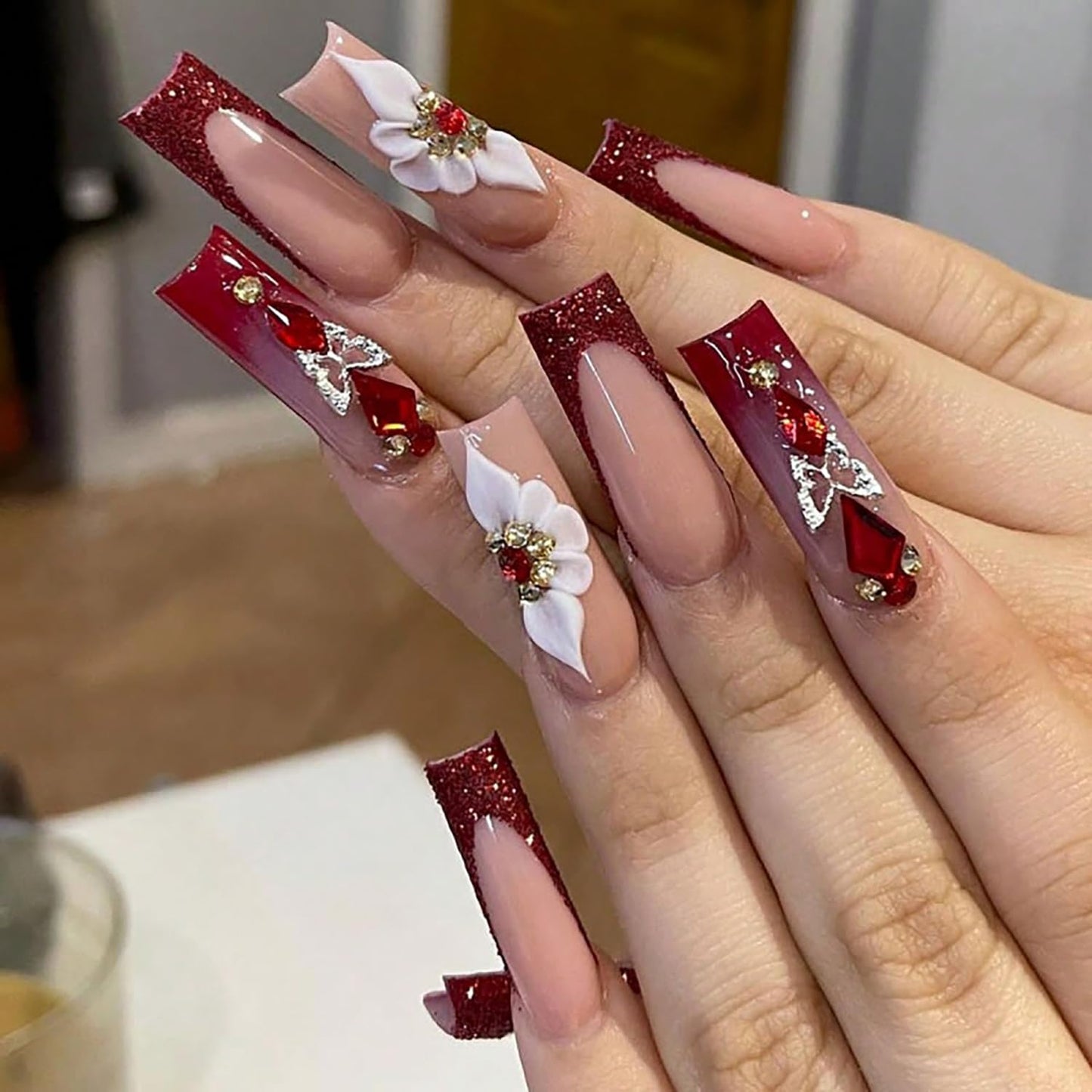 French Tip Press-On Nails - Short Square Floral Design with 3D Rhinestones | 24 Pcs Glossy Acrylic Set
