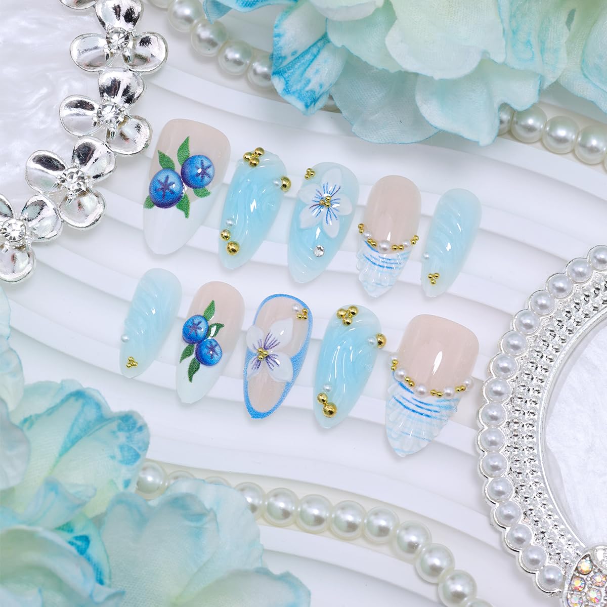 30Pcs Handmade Press-On Nails | Medium Almond 3D Ocean Wave Blueberry Floral Design with Pearls & Rhinestones