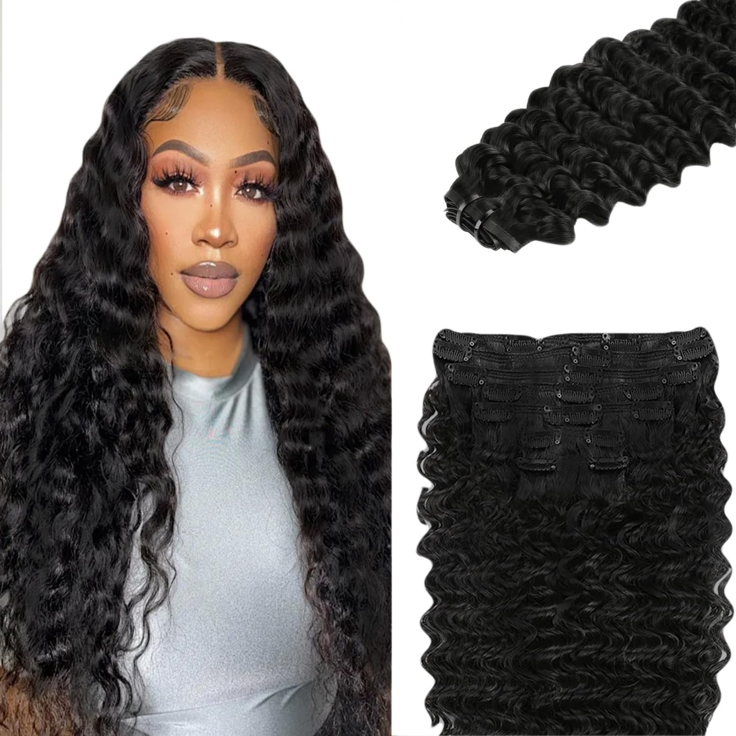 #1B Deep Wave Clip in Hair Extensions Real Human Hair, 32 Inch 120g/7Pcs,Full Shine Black Human Hair,Natural Black Clip ins Brazilian Virgin Human Hair Extensions