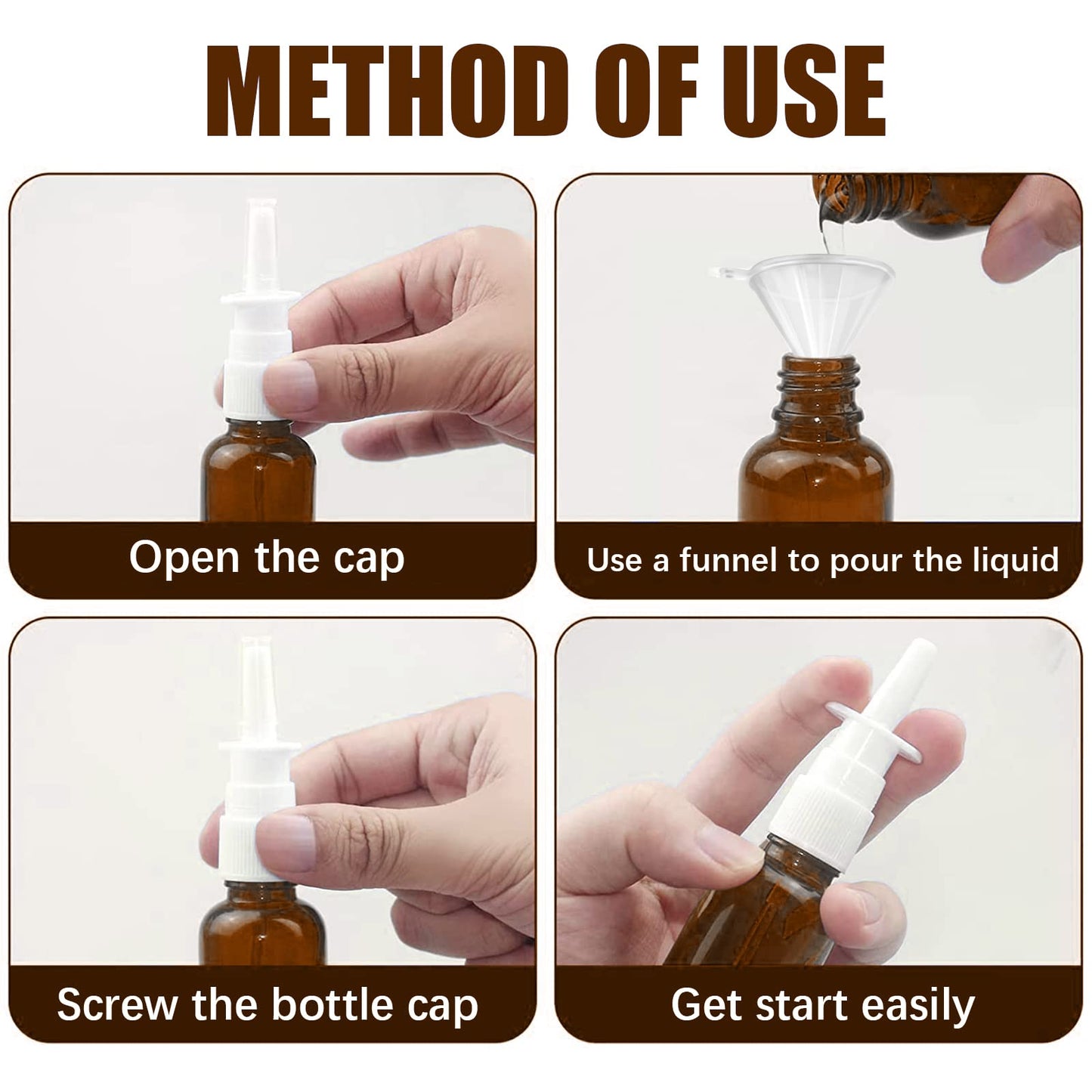Cupohus Nasal Spray Bottle, 3 Pcs 30ML/1oz Amber Glass Refillable Fine Mist Sprayers Atomizers, Travel Sized, Empty Nasal Sprayer with Funnels and Labels