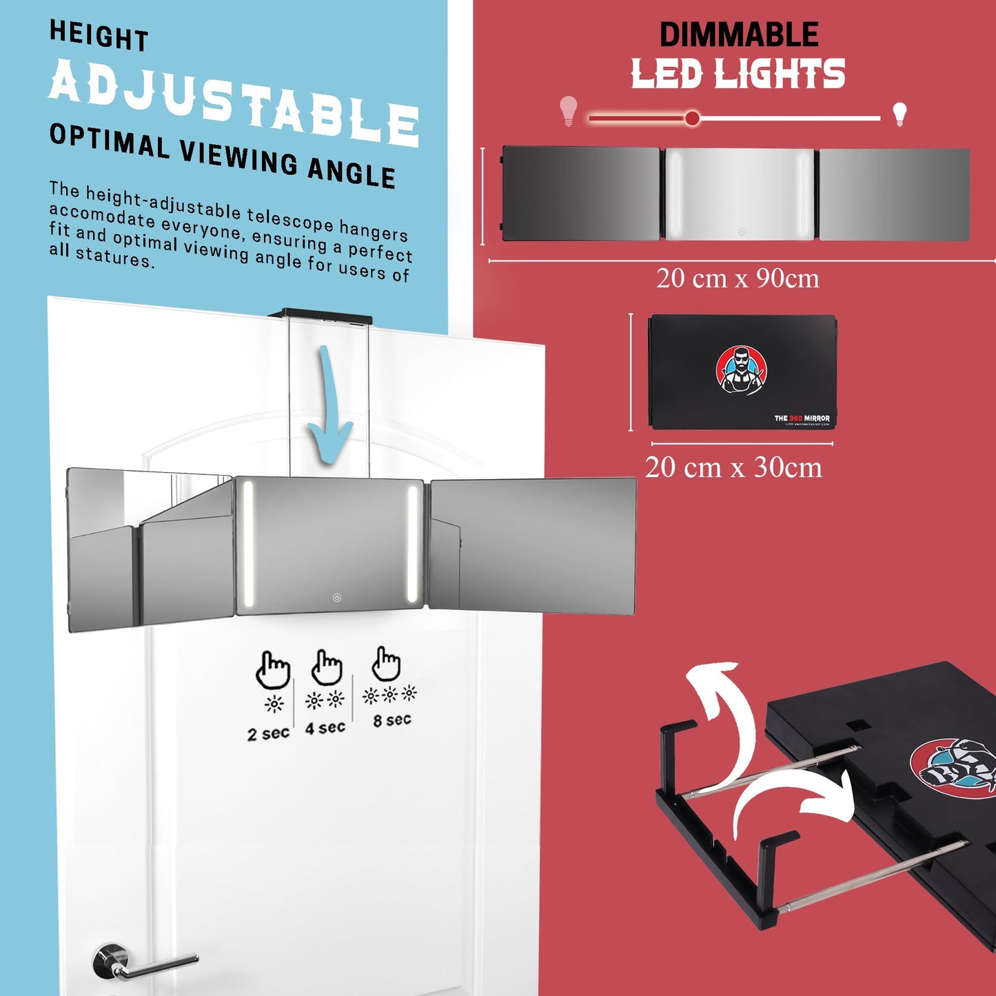 The 360 Mirror - 3 Way Mirror for Self Hair Cutting - Adjustable Trifold Barber Mirro to Cut Your Own Hair - Tri Fold Self Haircut System for Men - Three Sided Mirro for Haircuts (With LED)
