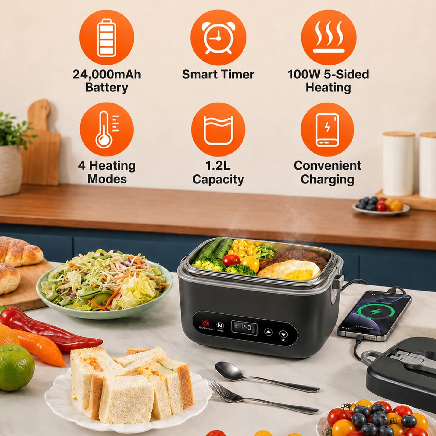 Electric Lunch Box for Men, 1.2L Cordless Heated Lunch Box, 24000mAh Rechargeable Portable Food Warmer with Auto Temperature Control, 5-Sided Heating, Leakproof, for Office, Outdoors & Truck, Black
