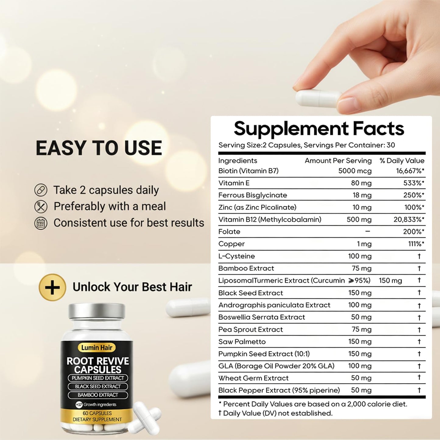 Root Revive Hair Growth Capsules for Women - Nourishing Formula with Black Seed, Biotin & Saw Palmetto | 60 Count