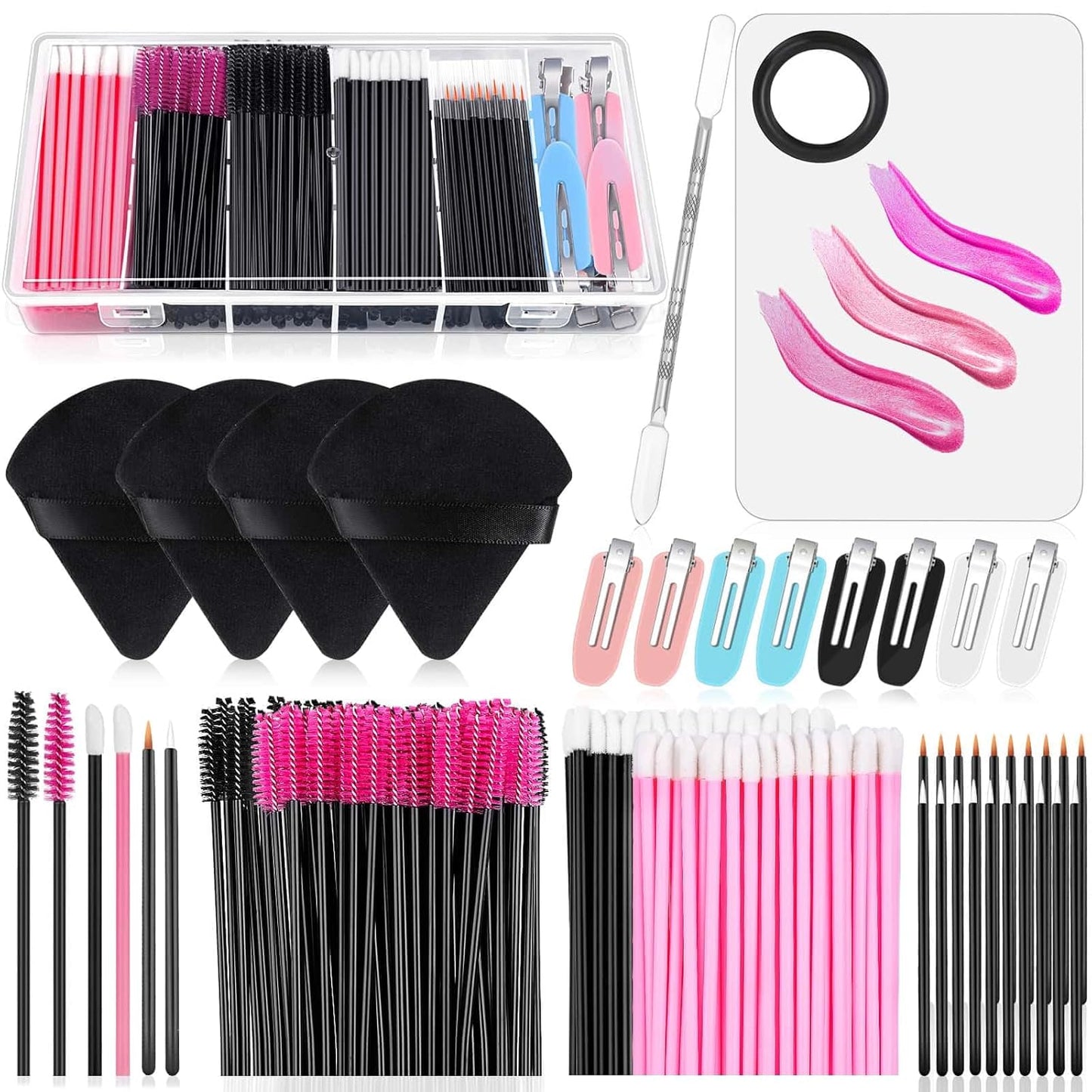Disposable Makeup Applicators Kit - Triangle Puff, Mascara Wands, Lip Brushes & Hair Clips | Complete Artist Supplies Set