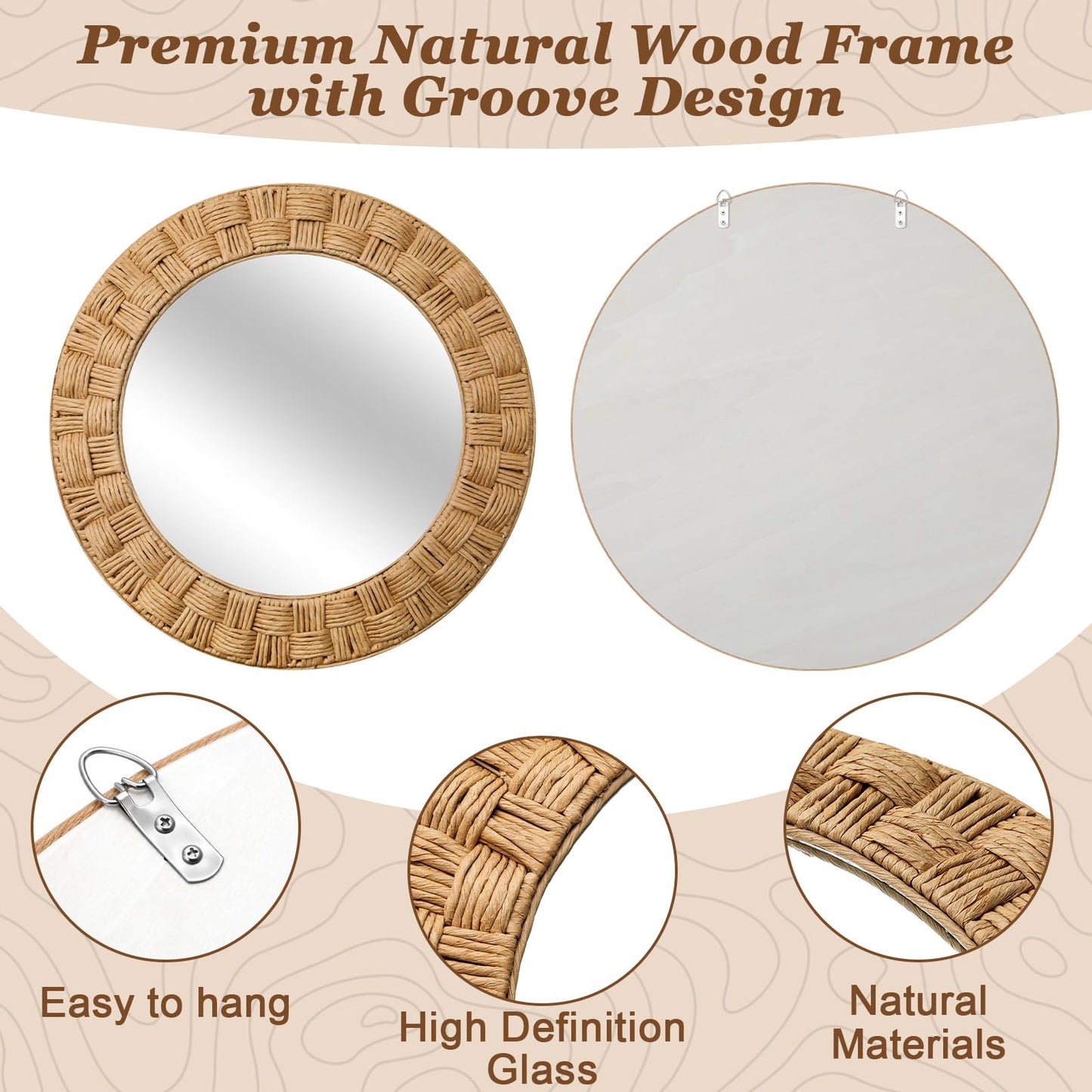 Sabary 30 Inch Rattan Wall Mirror Round Rope Boho Mirror Wicker Chequered Handwoven Natural Rustic Beachy Coastal Decorative for Bathroom, Bedroom, Living Room, Entryway
