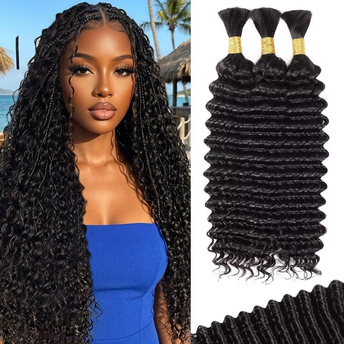 Human Braiding Hair - Deep Water Wave 16 Inch Curly Extensions | 5 Bundles P4/27 for Boho Braids