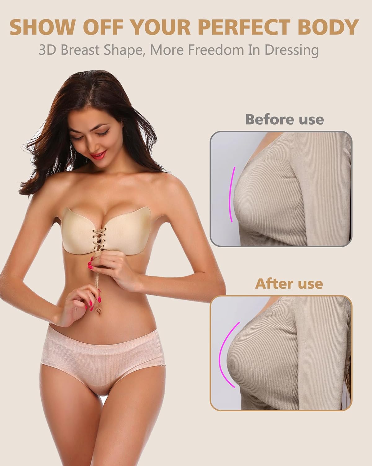 Backless Sticky Bra - Adhesive Push-Up Lift Bras | 2 Pairs Black & Beige