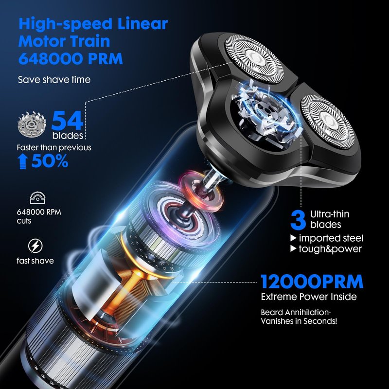 Black Electric Razor for Men with 3-Blade Rotary System, Touch Switch, LED Display, Travel Lock