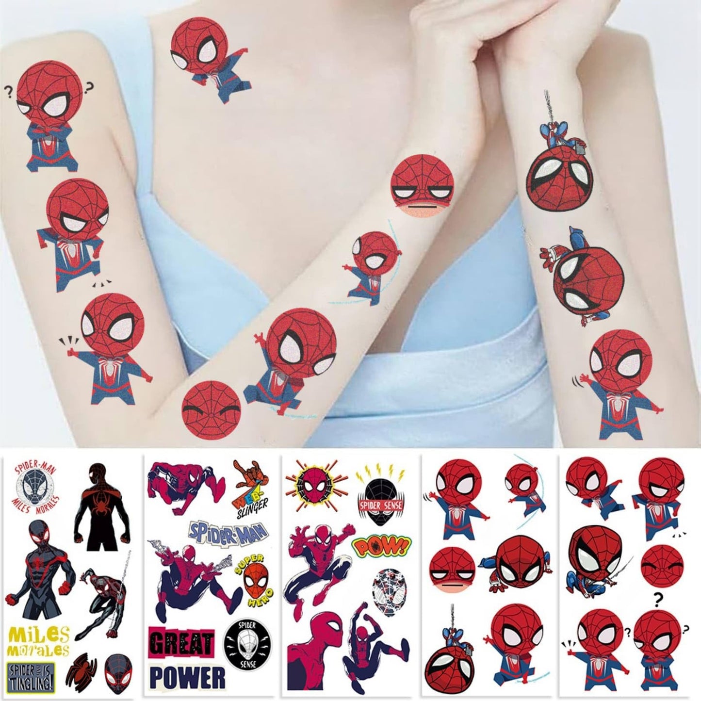 10 Sheets Spider Temporary Tattoos, Removable Cute Cartoon Spider Stickers, Spider Themed Birthday Party Favors & Decor Supplies