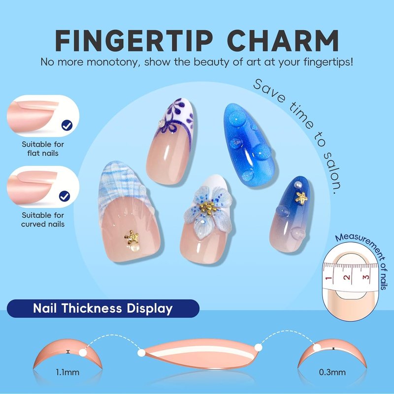 Cute Summer Press-On Nails - Short Almond Blue & White French Tip with 3D Flower & Gold Starfish Design | 30 Pcs