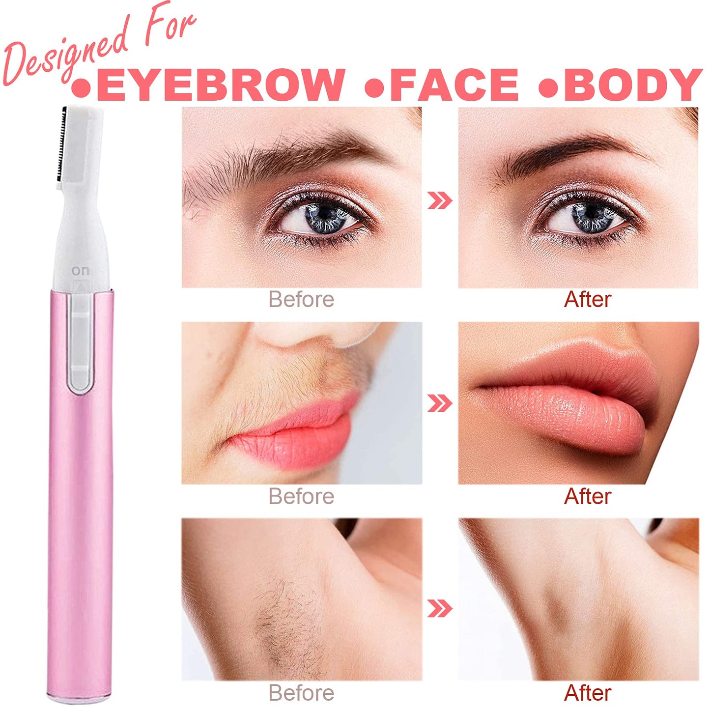 LAIKME Electric Eyebrow Trimmer for Women, Facial Hair Razor Removal for Men, Mini Epilator for Bikini, Remover for Face, Chin, Peach Puzz, Lips, Body, Arms, Legs, Battery Operated (Pink)