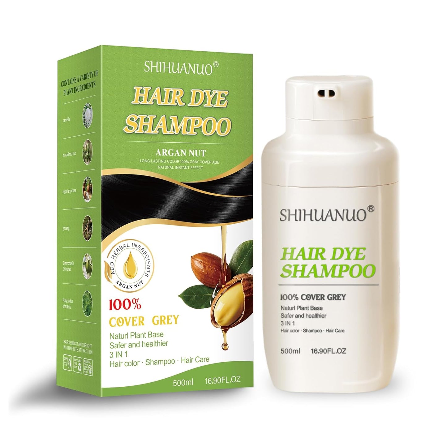 Hair Dye Shampoo for Gray Hair - 3-in-1 Color Treatment with Herbal Extracts | 500ml Dark Brown