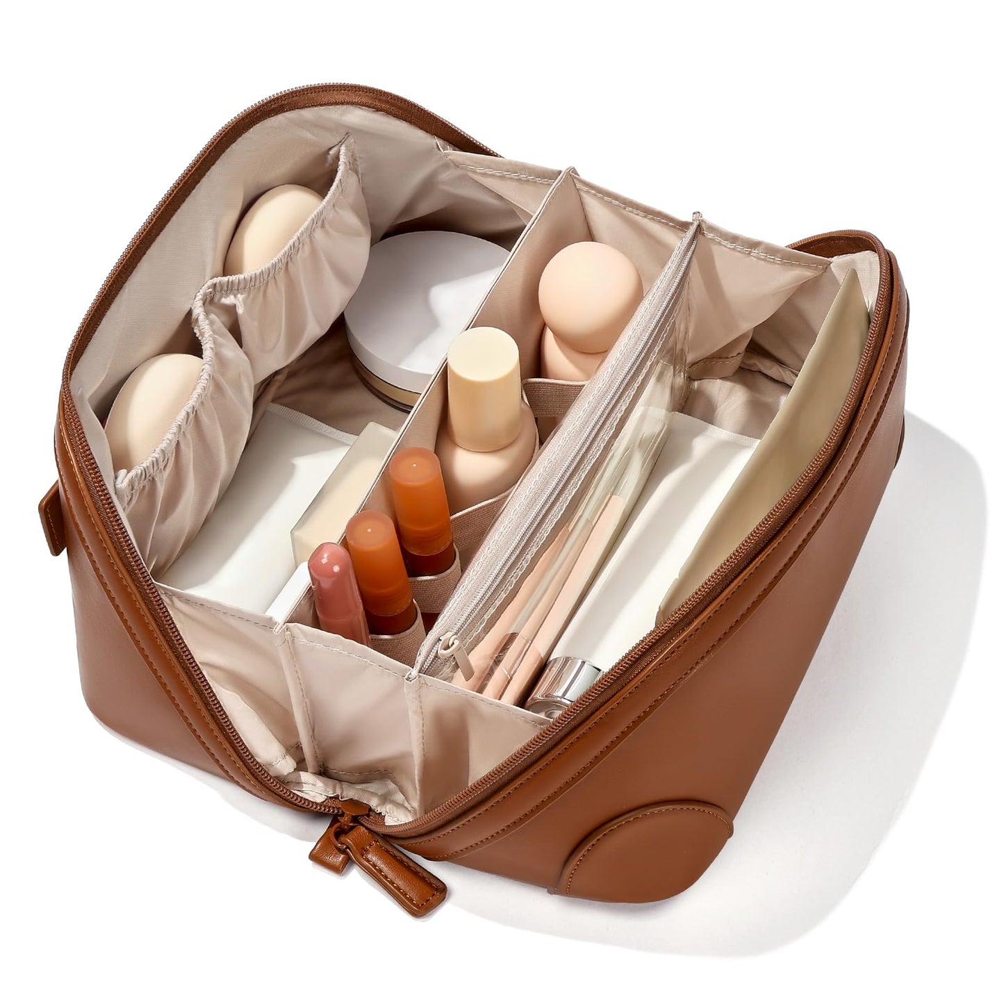 mibasies Travel Makeup Bag for Women, Large Capacity Waterproof PU Leather Flat Open Cosmetic Bag, Portable Toiletry Bag for Business Trip & Daily Use
