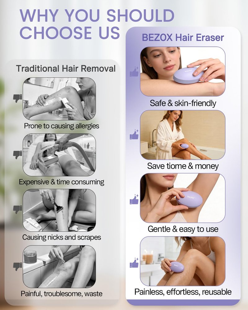 BEZOX Hair Eraser for Travel, Glass Hair Epilator for Full Body, Innovative Glass Body Hair Shaver Stone, Gentle Exfoliation for Legs, Arms, and Back - Purple