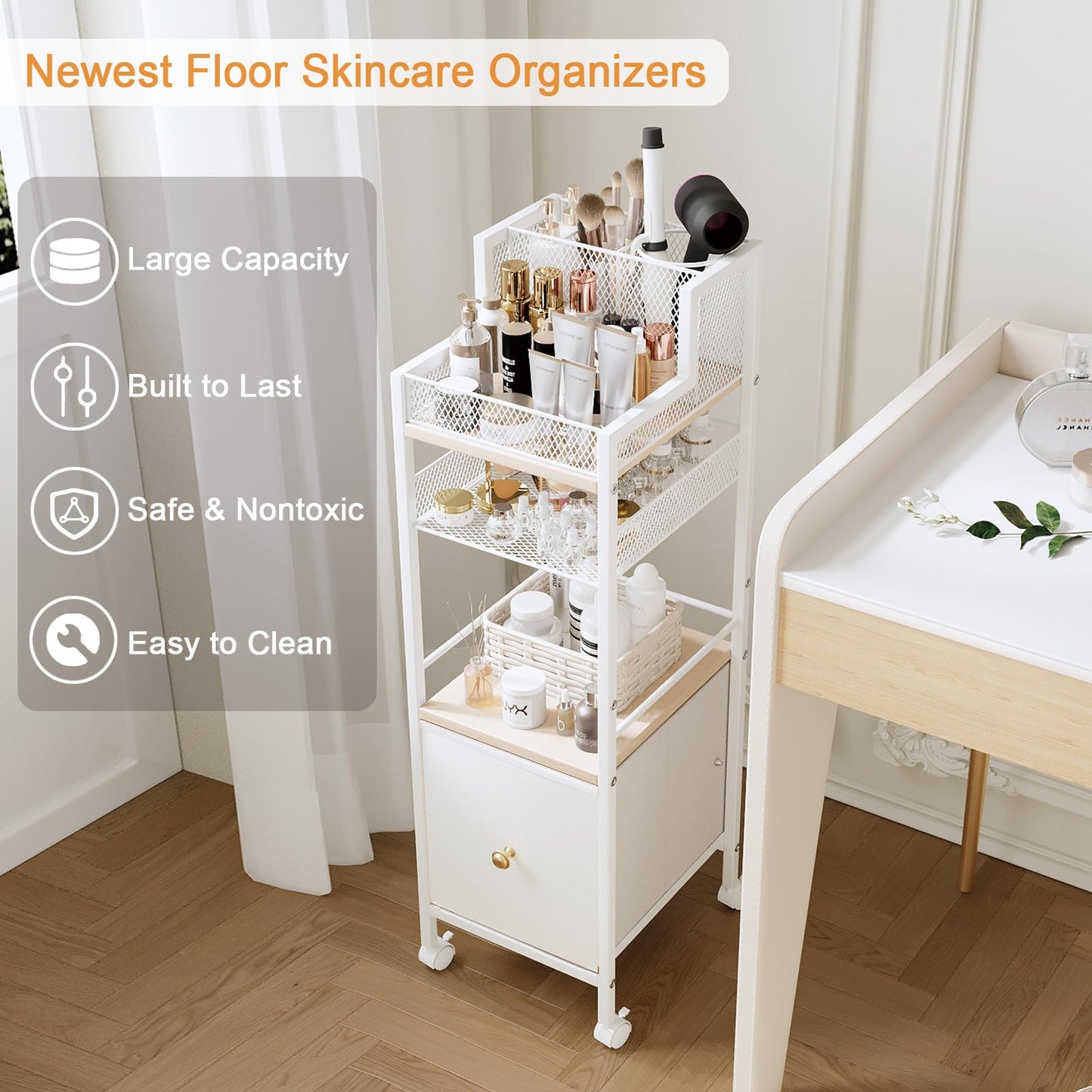 Floor Makeup Organizer Cart, Narrow Floor Skincare Organizers and Storage with Drawers, Bathroom Vanity Organizer Cosmetics Display Cases Holder for Skin Care Nail Polish Perfume Makeup Brush (White)