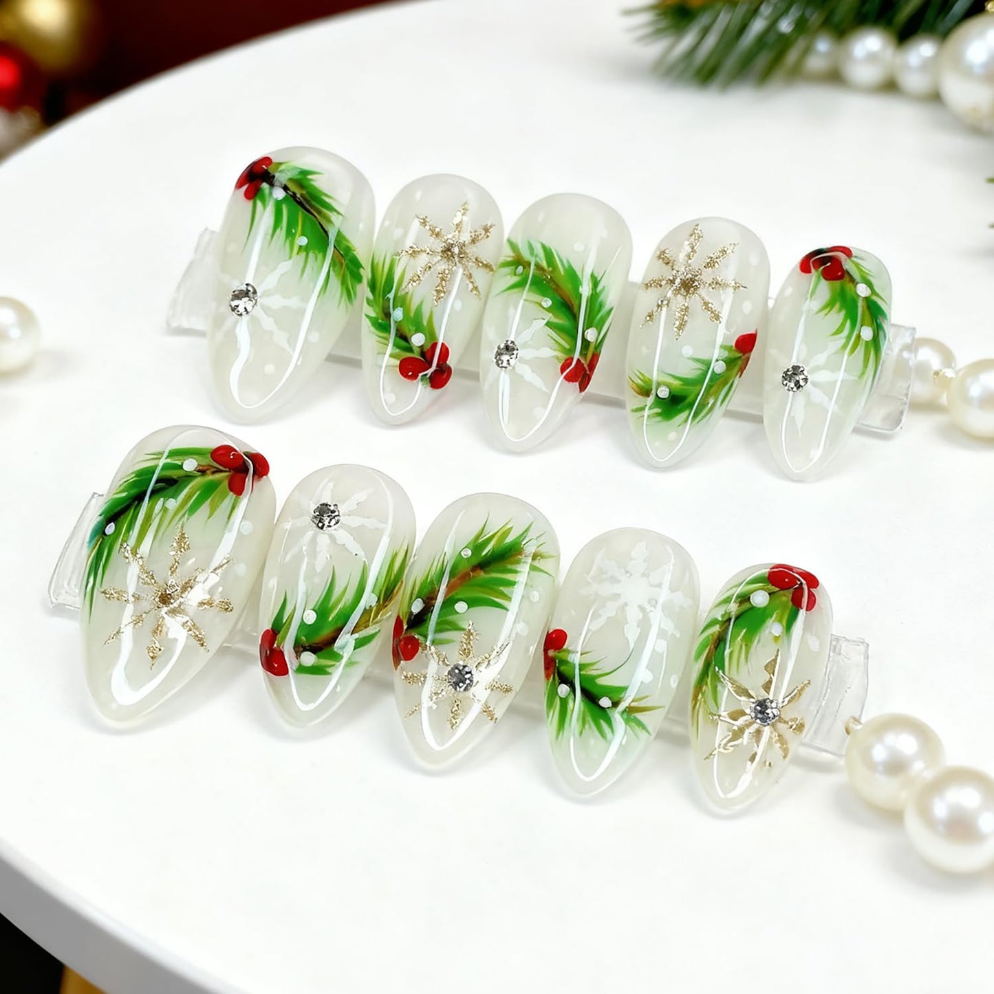 Christmas Press-On Nails - Medium Almond Winter Snowflake Design | 24 Pcs Acrylic Full Cover with Diamond Accents
