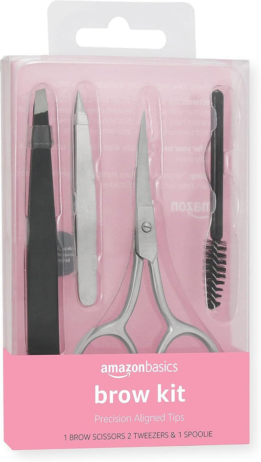 Eyebrow Grooming Kit - 4-Piece Set with Scissors, Tweezers & Spoolie Brush | Black