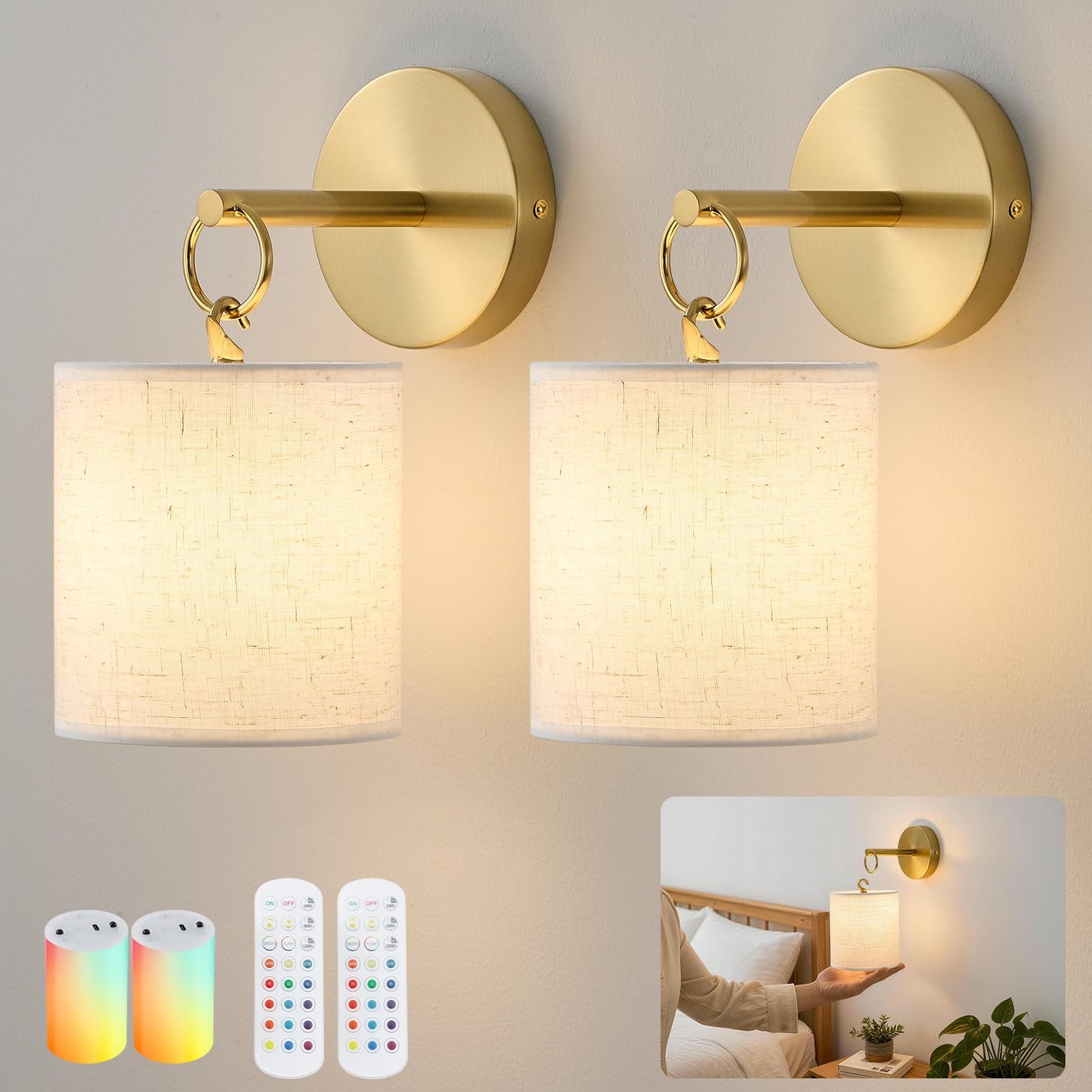 Detachable Wall Sconces Battery Operated With Hanging Hook,10000mah Battery Operated Wireless Wall Sconces Set of Two,12 RGB Gold Sconce With Remote,Renter Friendly Wall Lamps for Living Room,Bedroom