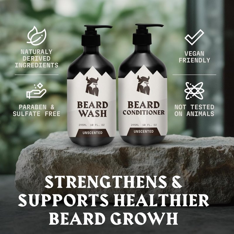 Striking Viking Unscented Beard Wash & Conditioner - 10 Fl Oz, Pack of 2 - Deep Cleansing Oil Formula - Soothing Softener with Jojoba Oil - Itch-Free Gentle Hydration for Beard Care