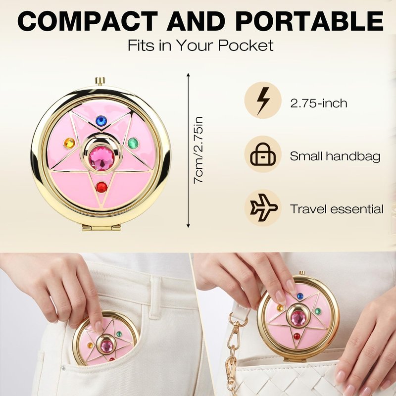 Saluaqui Anime Star Makeup Mirror, Cute Japanese Style Portable Folding Mirror with Crystal - 2.75 Inch Travel Purse Mirror, Unique Cosmetic Mirror & Cosplay Prop Gift for Women and Girls