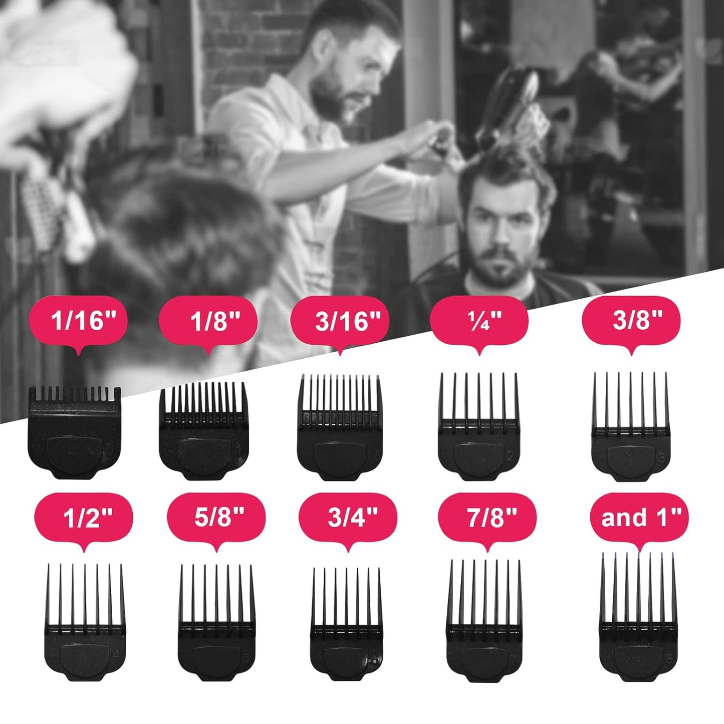 Magnetic Clipper Guards Set - Compatible with Andis Master Hair Clippers | 10-Piece Size 1/16" to 1" - Black